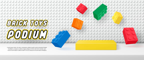 3D Vector toy display geometric stand podium banner template with Building block brick toy for kid product store, online shop, baby poster, sale discount promotion, social media, stage, post, ads