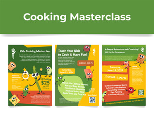 Banners inviting you to join a kids cooking class for a fun day of culinary creativity and hands-on learning this weekend