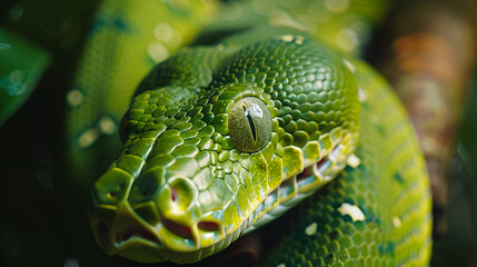 Fototapeta premium A spiraled green snake in the Amazon forest 