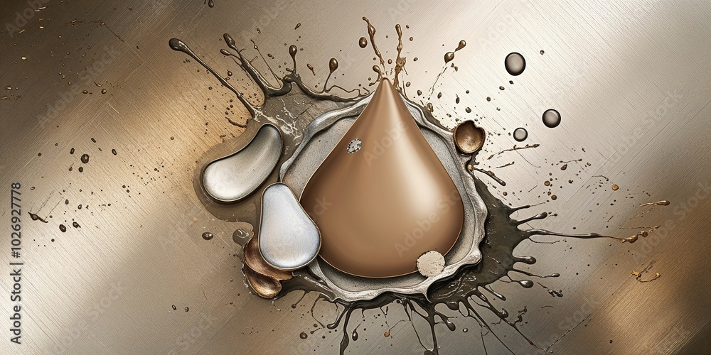 Wall mural Abstract brown liquid drop splash on a metal background.