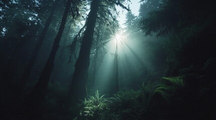 Mystic Forest Sunbeams: Tranquil Nature's Enchanting Embrace