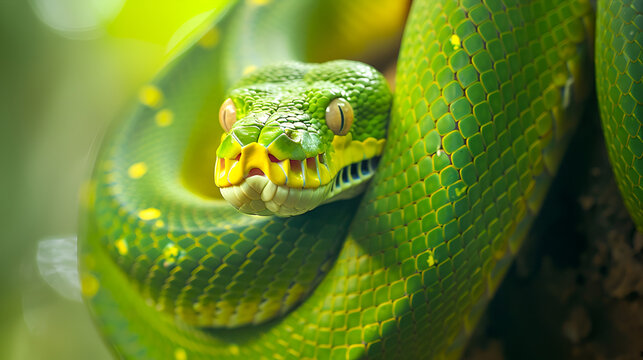 close up of a green snake