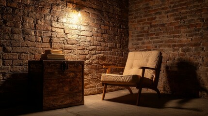 Cozy Rustic Reading Nook with Vintage Trunk and Lounge Chair, Illuminated with Cinematic Light