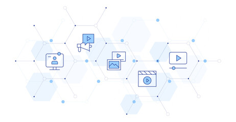 Video Banner Vector Illustration with Icon Style in Between. Line Duotone icon. Containing conference, megaphone, multimedia, video, advertising