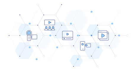 Video Banner Vector Illustration with Icon Style in Between. Line Duotone icon. Containing video camera, video, audience, video player