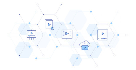 Video Banner Vector Illustration with Icon Style in Between. Line Duotone icon. Containing video player, video file, vod, video editor, video lesson