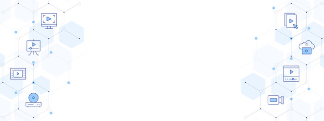 Video Banner Vector Illustration with Two-sided Icon Style. Line Duotone icon. Containing video camera, video player, video file, vod, video editor, video console, video lesson