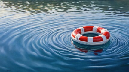 Naklejka premium A red and white life preserver floats gently on calm, serene blue waters, symbolizing safety and tranquility in a peaceful aquatic scene.
