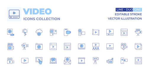 Video icons collection. Line Duotone style, editable stroke. video camera, video call, video, video lesson, video player, video production, audience, cloud, video folder