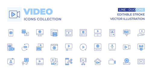 Video icons collection. Line Duotone style, editable stroke. degree, content, elearning, make video, multimedia, smartphone, play, video, video folder, advertising, online learning