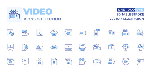 Video icons collection. Line Duotone style, editable stroke. video camera, video folder, video player, view, video file, videos, vod, videocamera, video editing, video lesson, video call
