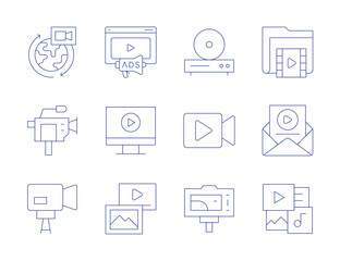 Video icons. Thin Line style, editable stroke. ads, elearning, email, multimedia, video folder, video console, video player, video recording, video call, video camera