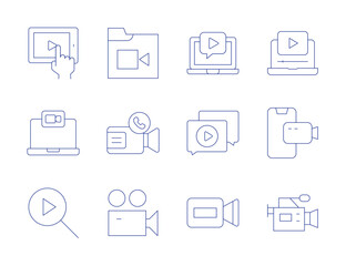 Video icons. Thin Line style, editable stroke. tablet, tutorial, video chat, video, video call, video camera