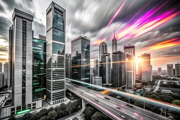 Obraz premium Futuristic City Skyline at Sunset with Neon Lights and Vibrant Colors