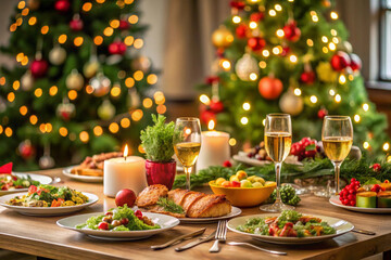 Christmas party celebration with dinner meal on table,isolated on natural background