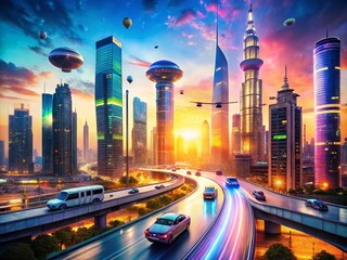 Futuristic Metropolis with Flying Cars in Double Exposure Photography