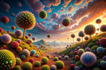 Obraz premium Futuristic Virus Particles in an Alien Landscape - A Documentary Photography Perspective