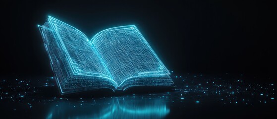 Futuristic glowing wireframe open book with digital data streams, representing advanced technology and virtual knowledge in a cyber environment.
