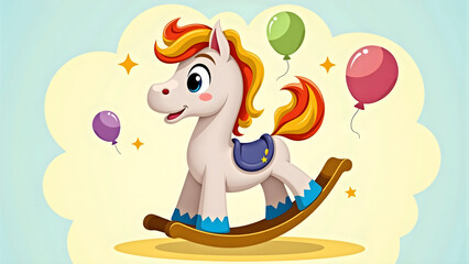 Cute rocking horse character with colorful balloons in a cheerful illustration