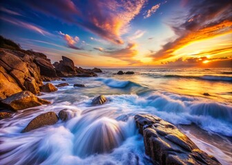 Fototapeta premium Gentle waves softly crash against a rugged coastline at sunset, creating a serene long exposure that captures the tranquil beauty of nature's