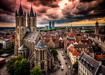 Obraz premium Ghent Belgium Time Lapse Skyline at Saint Bavo's Cathedral - Captivating High Angle View Photography