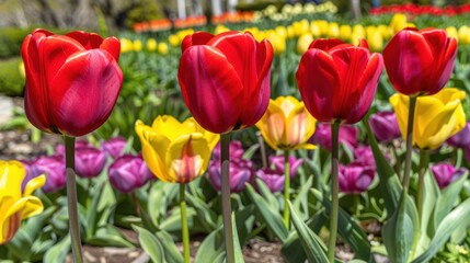 Fototapeta premium Red and Yellow Tulips in a Spring Garden