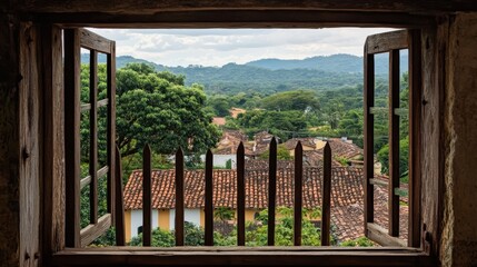 Fototapeta premium Wooden bars in church window, Tiradentes, Brazil