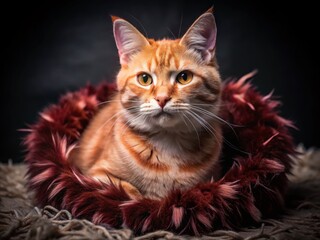 Obraz premium Ginger Cat in Orange Boa - Stylish Pet Portraits for Cat Lovers