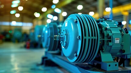 Fototapeta premium Close-up of a Blue Industrial Fan Motor in a Factory Setting