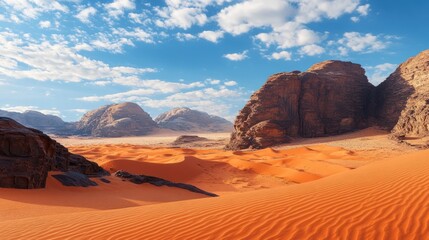 Naklejka premium A desert with a mountain in the background. The sky is blue and cloudy. There is a small hill in the desert