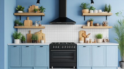 Fototapeta premium A kitchen with a black oven and a white stove. There are potted plants on the counter and a wooden cabinet