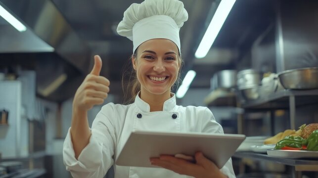 Chef endorsing via tablet in kitchen.