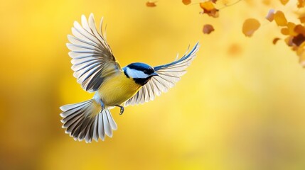 Obraz premium Bird in flight on yellow backdrop.