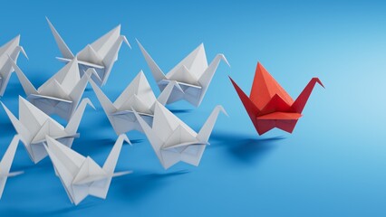 Different business concept.new ideas. paper art style. creative idea.Leaderswan concept, blue leader swan leading white swans.3D rendering on blue background.
