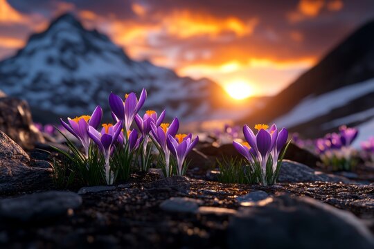 3D animation of crocuses blooming in real-time, showing the flowers opening slowly under the rising sun, with dynamic lighting and detailed textures bringing the scene to life