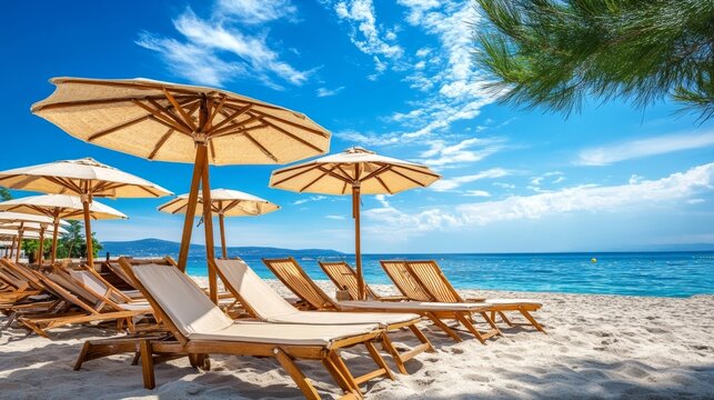 Umbrellas and deck chair on beach with sea and sky, Greece