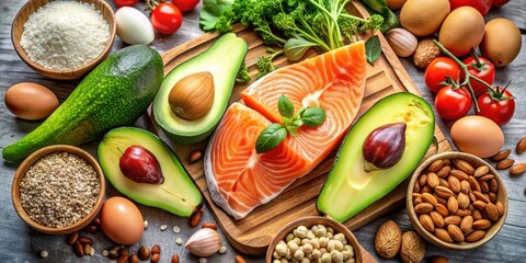 Fresh and organic ingredients for a healthy Keto diet, including salmon, avocado, eggs, nuts, seeds, and vegetables, Keto diet