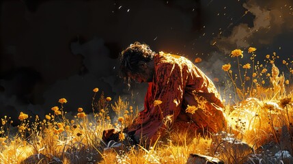 Man in Golden Field - A Surreal and Dramatic Artwork