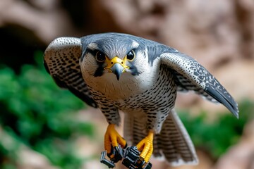 A falcon equipped with high-tech sensors, scanning a futuristic landscape for prey, its wings and talons enhanced with robotic elements, blending nature and technology in the future of hunting