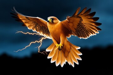 A falcon infused with lightning, flying through a stormy sky with electric bolts trailing from its wings, hunting creatures that move between worlds in a high-stakes, magical chase