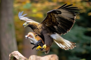 Fototapeta premium A golden eagle catching a fox, its talons gripping the fox's body as it takes flight, illustrating the dramatic moments of predator-prey interactions