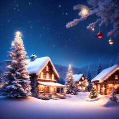 Naklejka premium Cozy Snowy Christmas Winter Megical Village with Christmas Tree