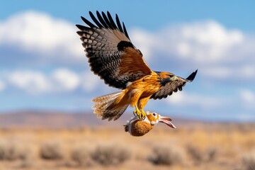 Obraz premium A hawk catching a rabbit, with its talons gripping the struggling prey as it takes flight, capturing the raw power and efficiency of a predator
