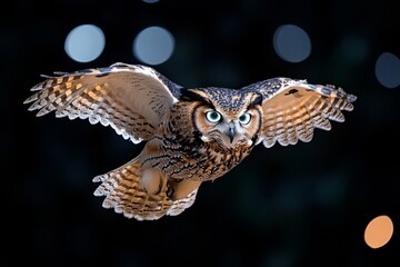 A mythical owl with shimmering feathers, flying through an enchanted forest under a glowing moon, its eyes glowing with an ethereal light as it hunts in silence