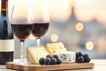 wine tasting setup in a metropolitan setting, with cheese platter, urban space