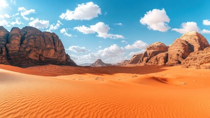 Naklejka premium A desert with a mountain in the background. The sky is blue and cloudy. There is a small hill in the desert