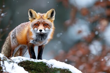 Fototapeta premium A red fox standing on a snowy hillside, its bright fur contrasting sharply against the pristine white snow, as it pauses to look out over the winter landscape