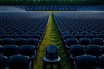 Fototapeta premium Aerial view of an empty stadium, with rows of empty seats and no activity, symbolizing the impact of the pandemic on sports and large public gatherings