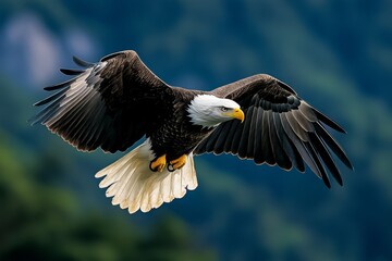 Obraz premium An eagle flying over a mountain range, its wings spread wide and its sharp gaze focused on the landscape below, showcasing its dominance in the skies