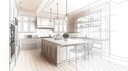 Minimalist Modern Kitchen Interior Sketch with Pastel Shading on White Background